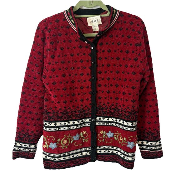 Jenny Red Acrylic Blend Floral Beaded Embroidered Button-Up Cardigan Size M - Picture 1 of 9